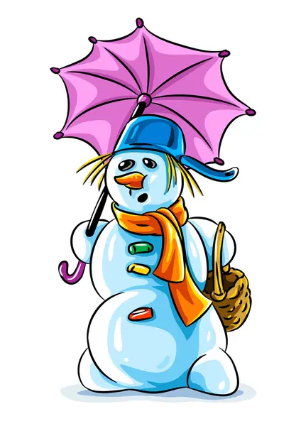 Χιονάνθρωπος χειμώνα διάνυσμα με ροζ ομπρέλα — Διανυσματικό Αρχείο