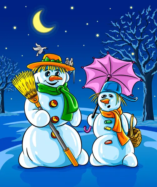 Vector winter snowmen with broom pink umbrella — Stock Vector