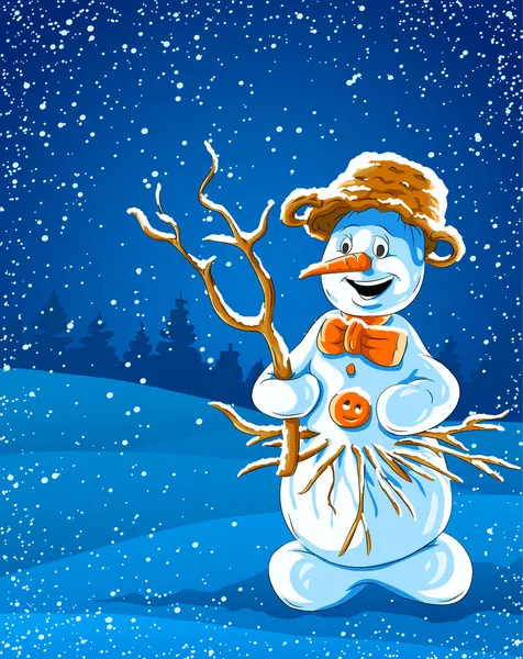Smiling snowman in winter night — Stock Vector