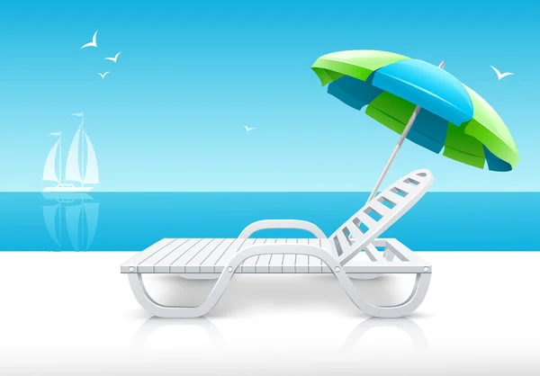 Stranden schäslong med paraply på seglar utmed kusten — Stock vektor