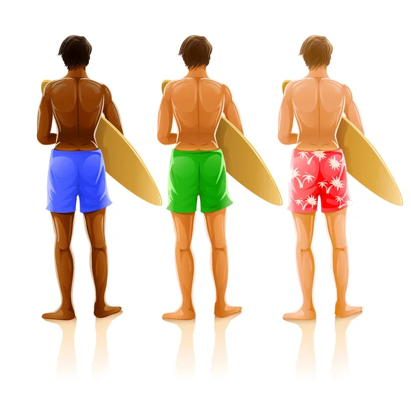 Skupina mladých mužů s prkna na surfování — Stockový vektor