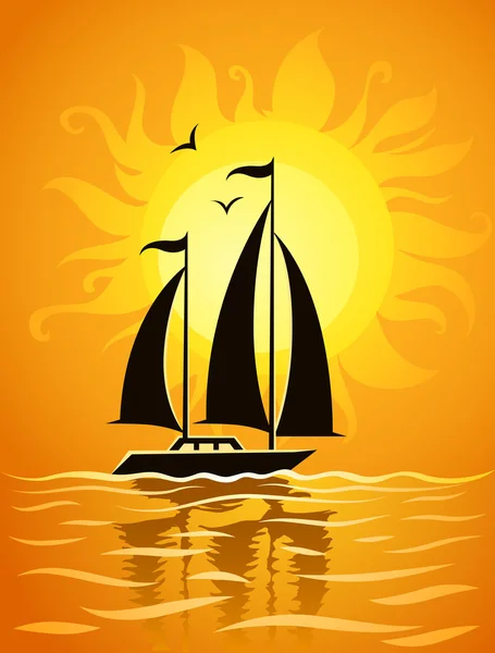 Μαύρο πλοίο σιλουέτα σε θάλασσα ηλιοβασίλεμα φόντο — Διανυσματικό Αρχείο