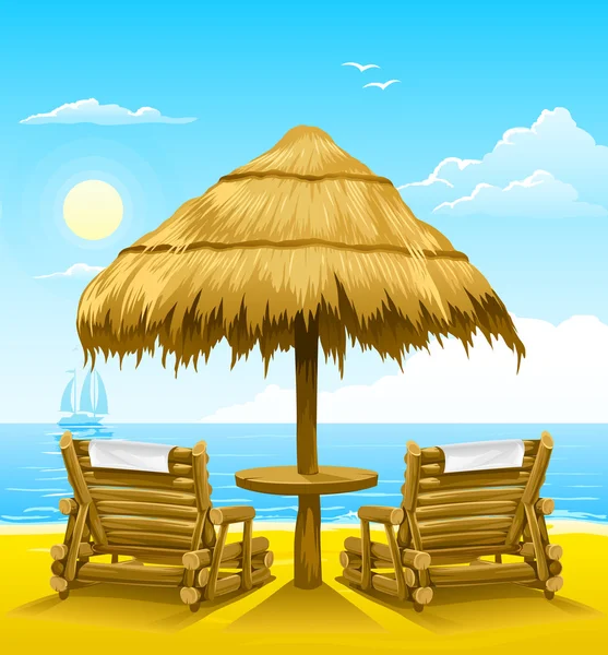 Dos hamacas bajo el paraguas de madera de la playa — Vector de stock