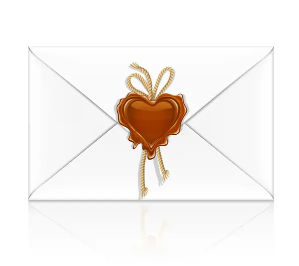 White envelope sealed by wax stamp as a heart - Stok Vektor