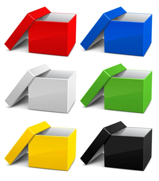 Set di scatole di cartone aperto vuoto colore — Vettoriale Stock