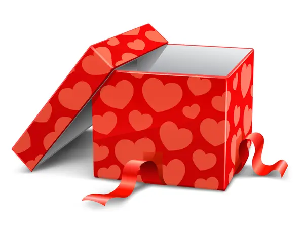 Caja de cartón abierta roja con corazones — Vector de stock