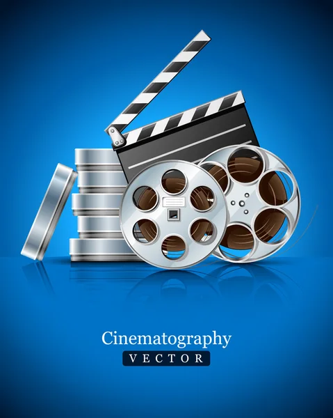 Cinema clapper en videofilm tape op schijf — Stockvector