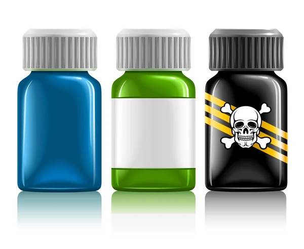 Three medical bottles with medication and poison — Stock Vector
