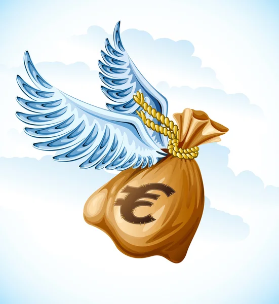 Flying sack of euro money with wings — Stock Vector