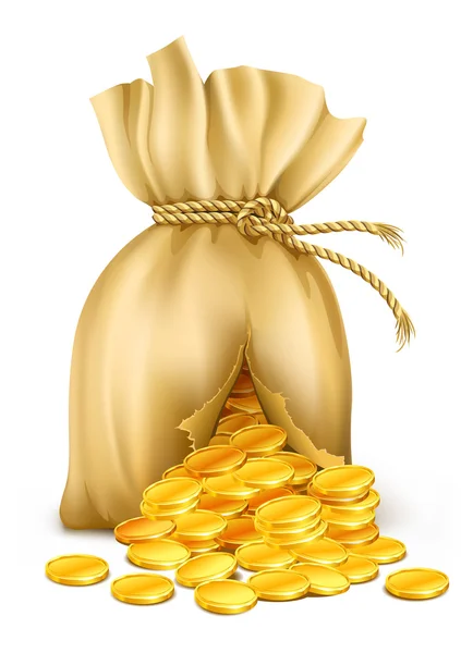 Тріснутий мішок з мотузкою з золотими монетами — стоковий вектор