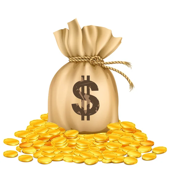 Bag with dollars money on pile of golden coins — Stock Vector