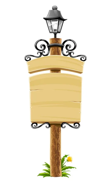 Houten post met uithangbord, lantern en gesmede decoratie — Stockvector