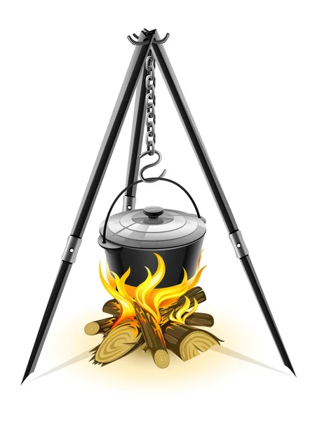 Black kettle for campfire on tripod — Stock Vector