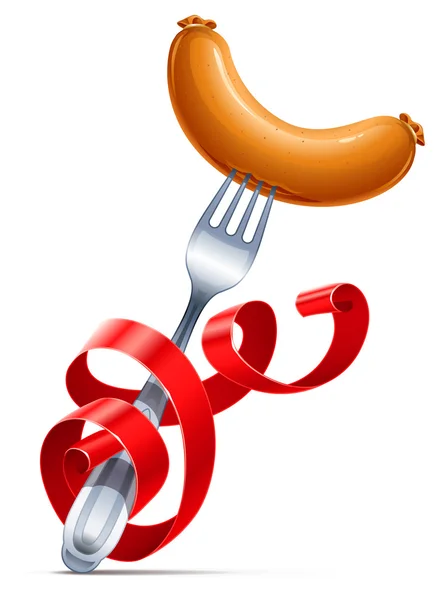 Fork with sausage braided by red ribbon — Stock Vector