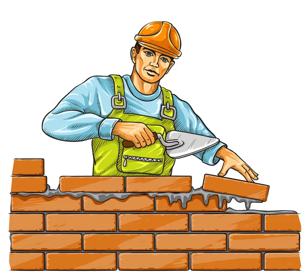 Builder man with derby tool building a brick wall — Stock Vector