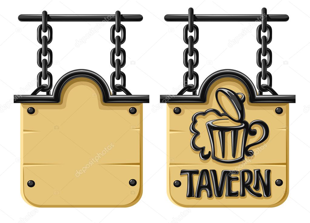 Old blank wooden sign with decorative forging and chain - vector illustration