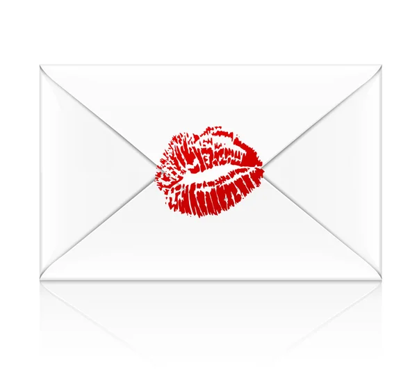 Envelope branco com carimbo de beijo da pomada vermelha — Vetor de Stock