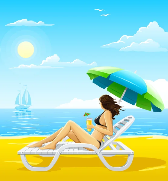 Девочка отдыхает на шезлонге на морском пляже — стоковый вектор
