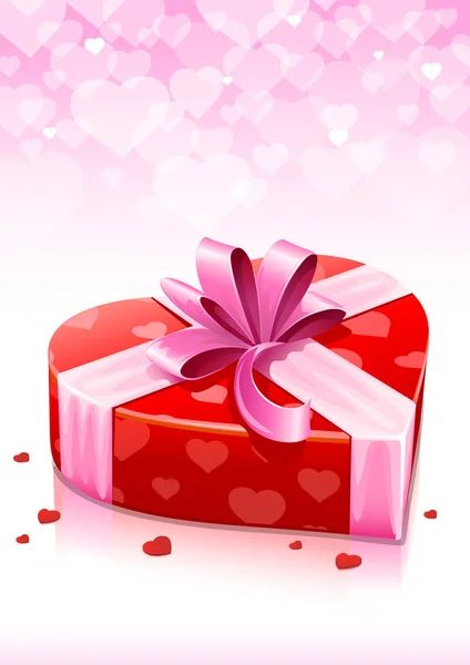 Kırmızı kalp kutu şerit Sevgililer tebrik kartı — Stok Vektör