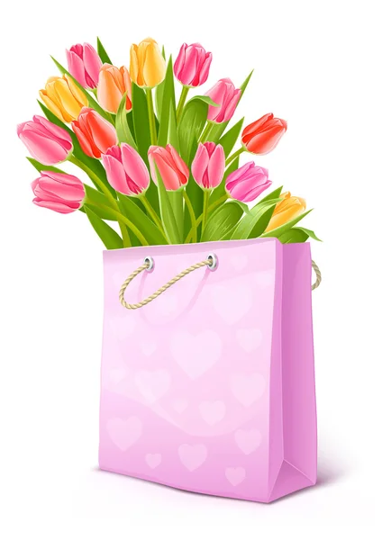 Buquê de flores de tulipa na bolsa — Vetor de Stock
