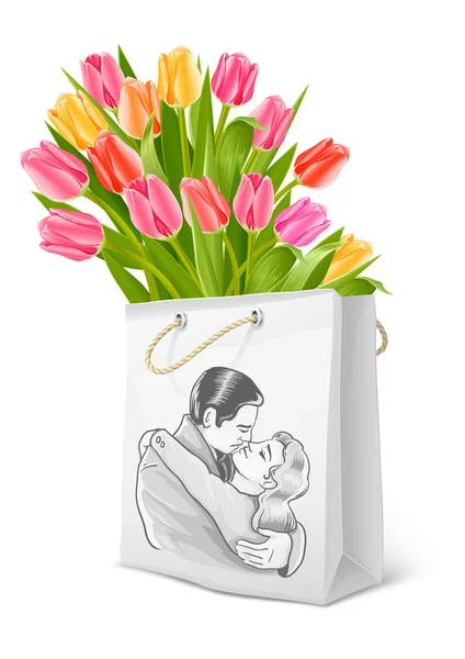 チューリップの花束を持つ白いバッグ — ストックベクタ
