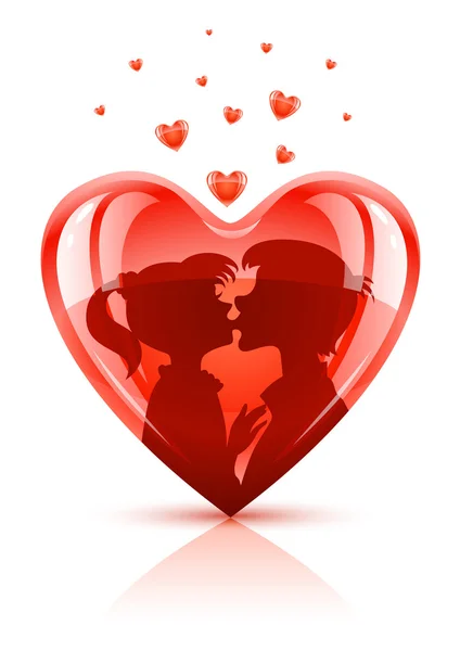Cuore rosso con una coppia di giovani adolescenti baciare — Vettoriale Stock