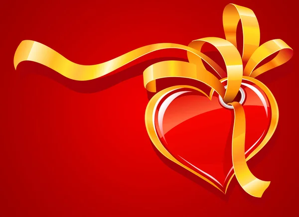 Corazón rojo con tarjeta de felicitación de San Valentín de cinta dorada — Archivo Imágenes Vectoriales