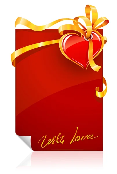 Cartolina d'auguri di San Valentino rossa con cuore ed il nastro — Vettoriale Stock