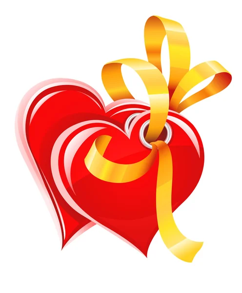 Dos corazones rojos con cinta dorada aislado — Vector de stock