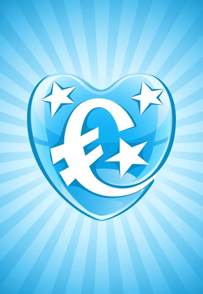 Coração azul com o símbolo da moeda euro e estrelas — Vetor de Stock