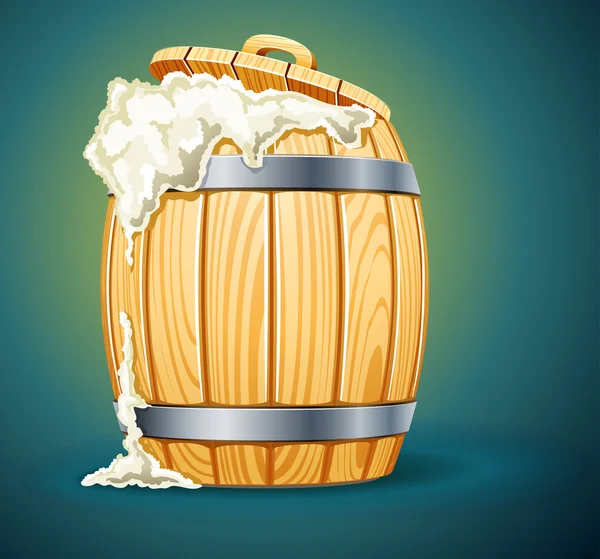 Wooden barrel full of beer with foam — Stock Vector