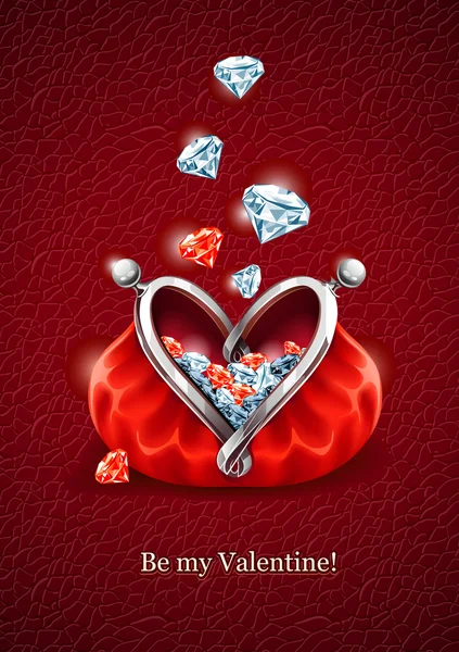 Diamond falling into purse with heart — Stock Vector