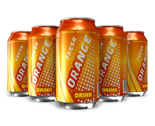 Verzameling van oranje soda dranken in metalen blikken — Stockfoto