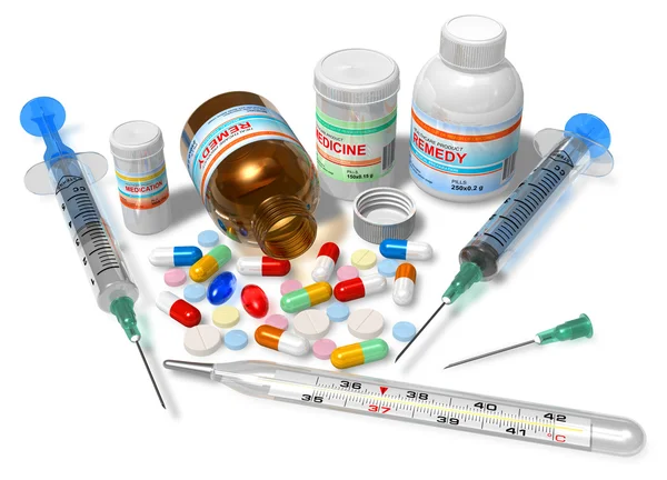 Termômetro, drogas e seringas isoladas em branco — Fotografia de Stock
