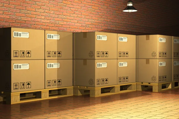 Cajas de cartón en paletas de envío — Foto de Stock