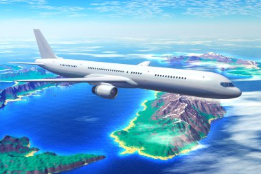 Scenic airliner flight over the ocean with resort islands clipart