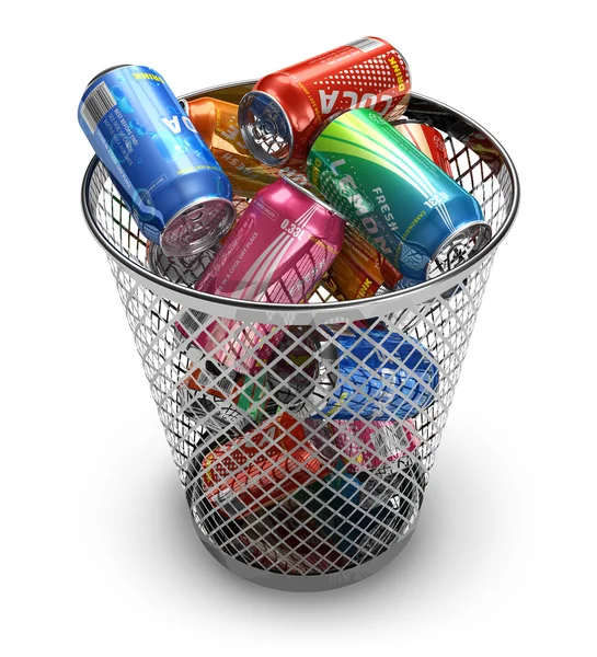 Conceito de reciclagem: beber latas no caixote do lixo — Fotografia de Stock