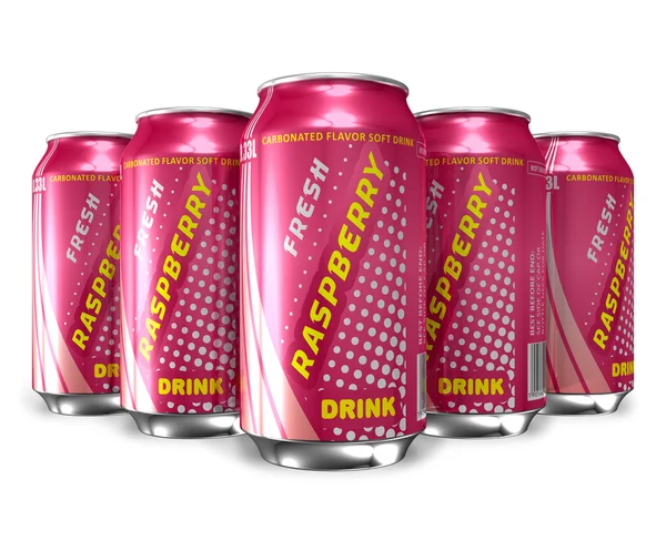 Set of raspberry soda drinks in metal cans — Stock Photo, Image
