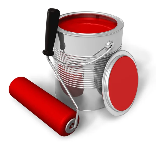 Can with red paint and roller brush — Stock Photo, Image