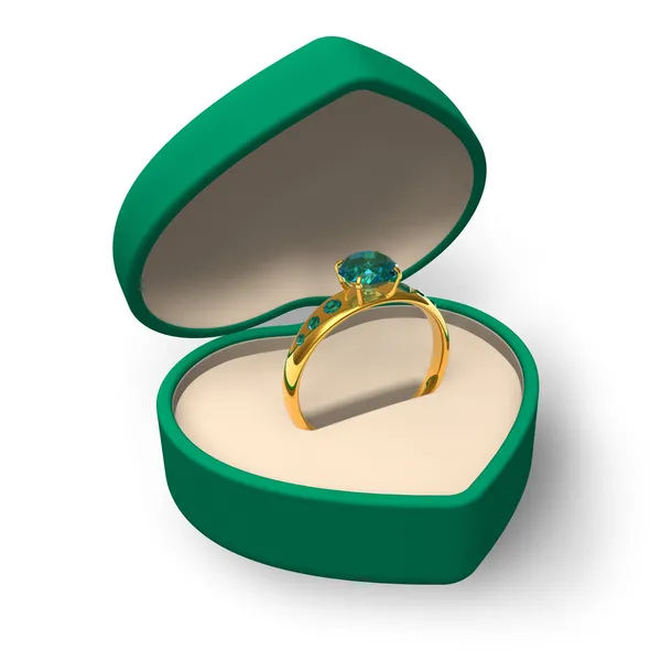 Zelená tvaru srdce box s zlatý prsten s drahokamy — Stock fotografie