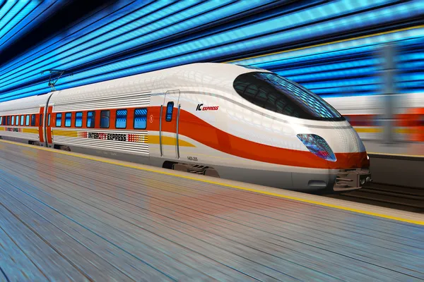 Tren moderno de alta velocidad sale de la estación de tren — Foto de Stock