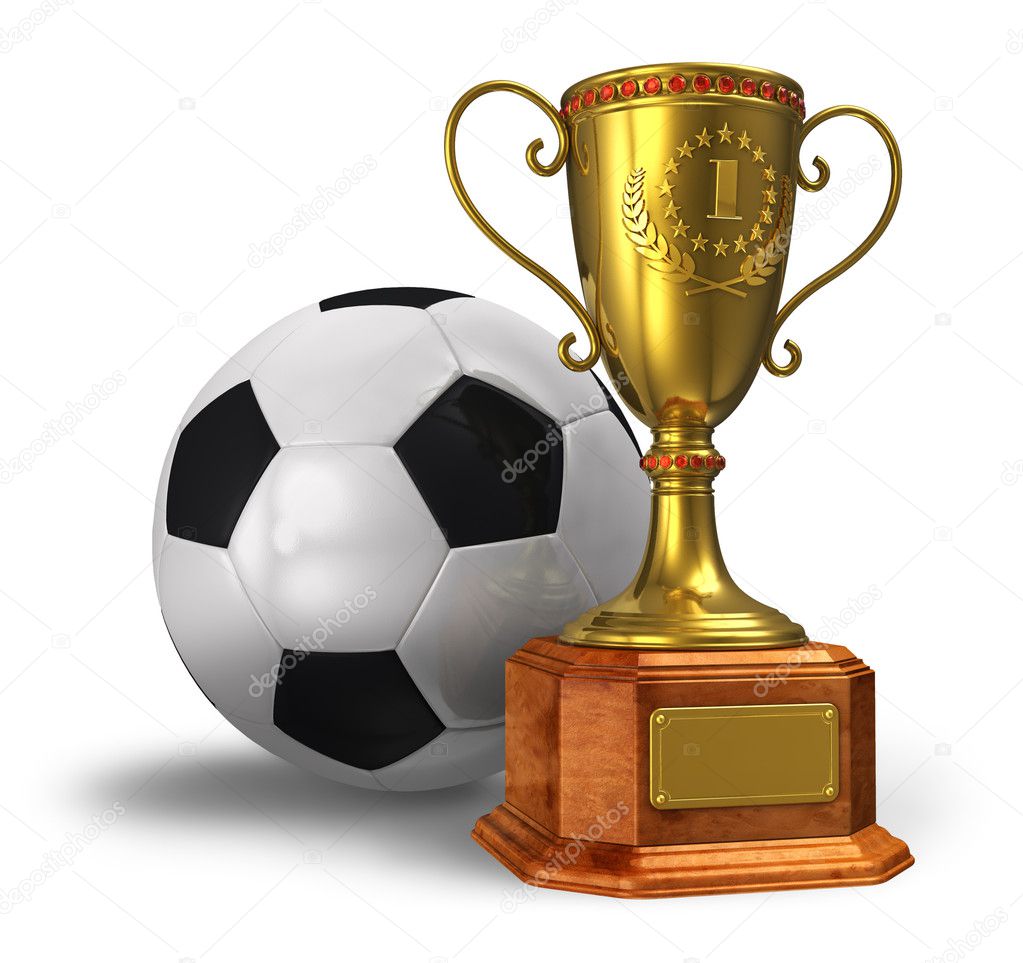 Golden trophy cup and soccer ball