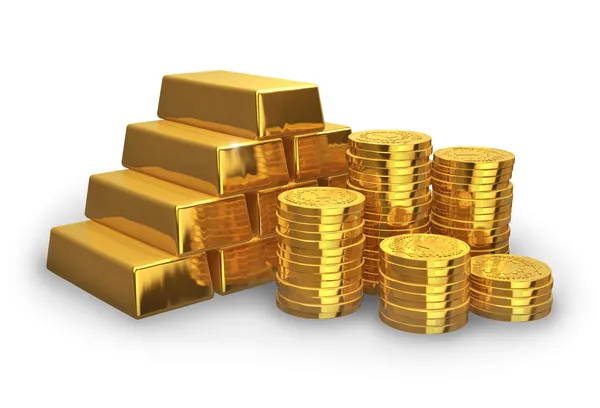 Pilhas de lingotes e moedas de ouro — Fotografia de Stock