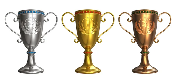 Set of gold, silver and bronze trophy cups — Stock Photo, Image