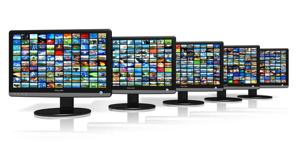 Fila de monitores LCD com galerias de imagens — Fotografia de Stock