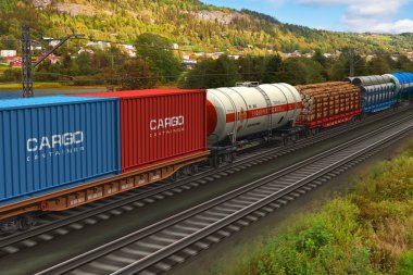 Freight train passing by mountain range clipart