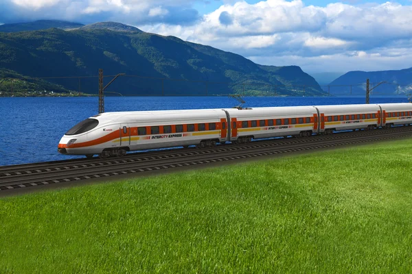 Train à grande vitesse passant par les montagnes et les flords — Photo