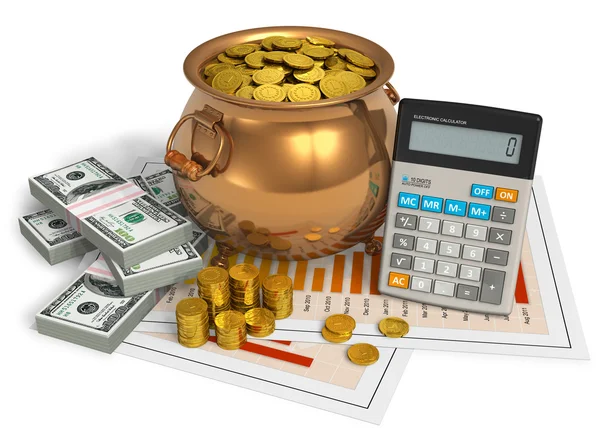 Finansiella begrepp: kruka med guld, kalkylator och dollar — Stockfoto