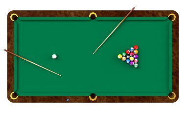 Billiard table with balls and cues clipart