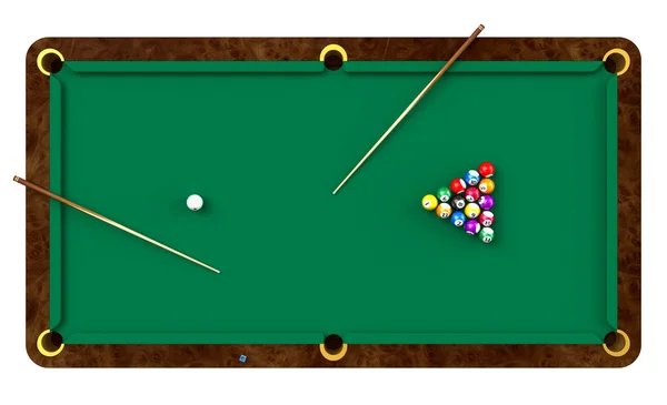 Billiard table with balls and cues — Stock Photo, Image